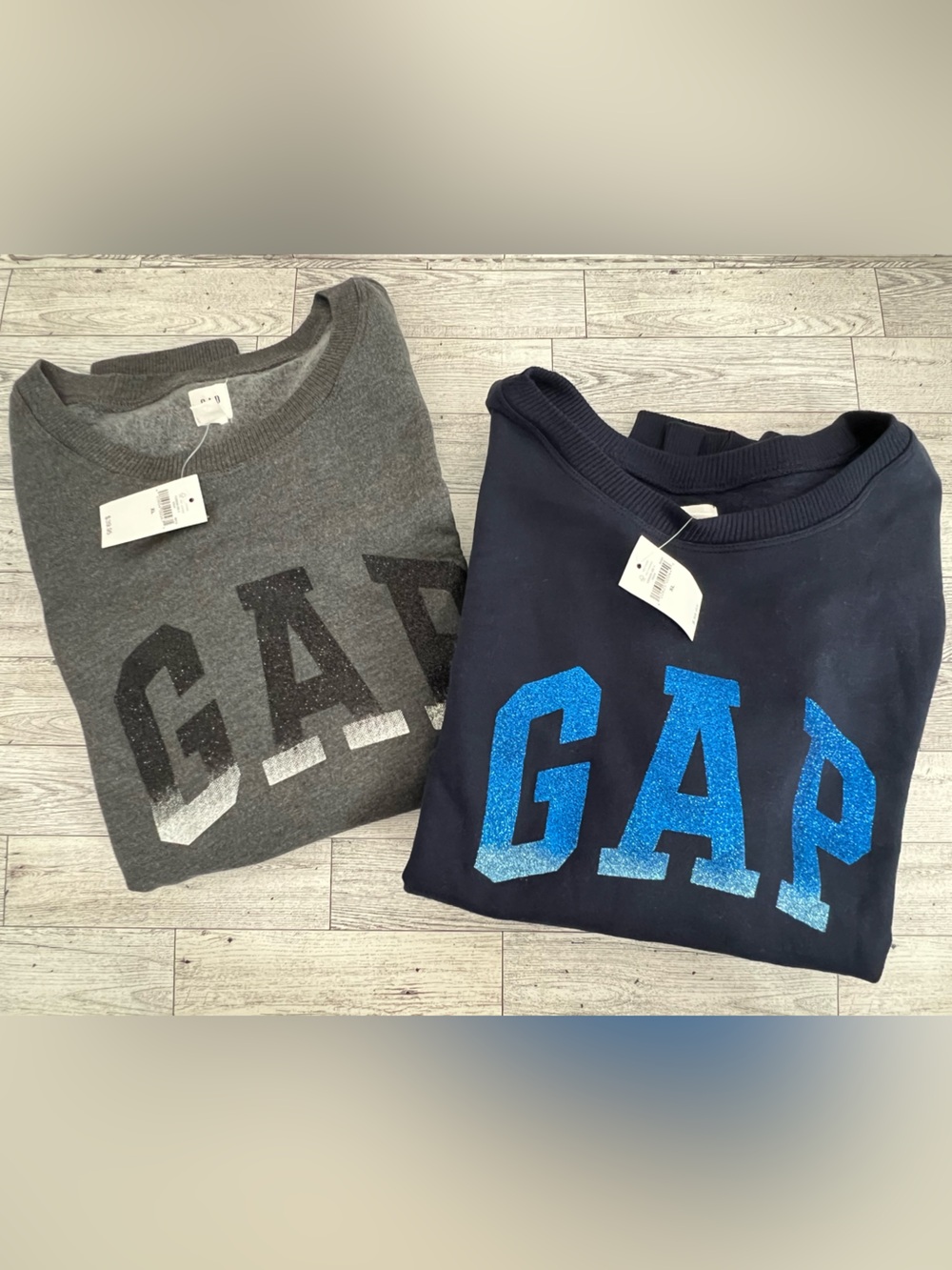 Two GAP Sweatshirts with Glitter Logo. NWT! Size XL Extra Large. Navy and Gray.
